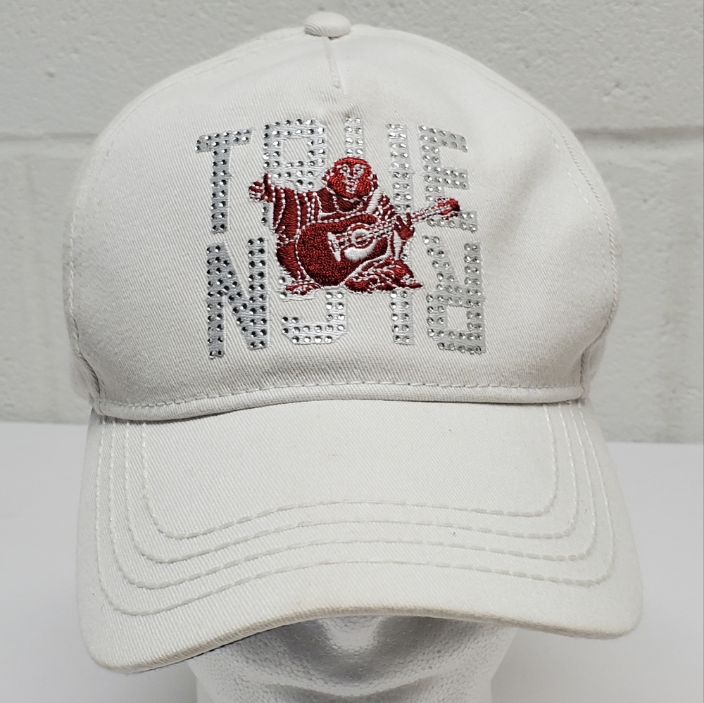 True Religion White World Tour Hat Buddah Strapback Cap Embroidered Jeweled Logo